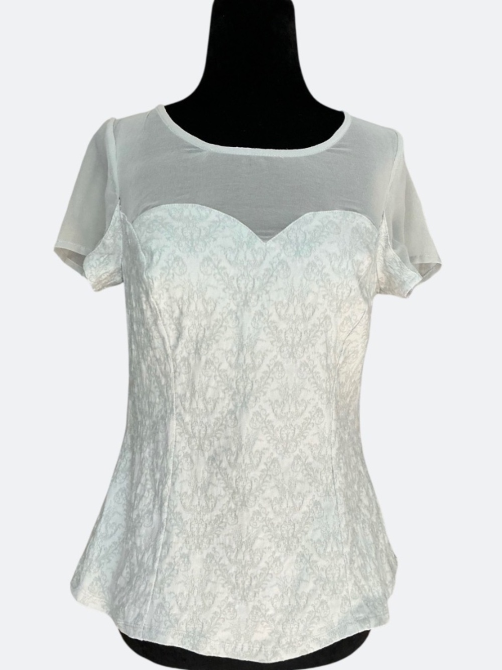 Pure Sugar Light Blue Damask Texture Shear Sweetheart Neckline Shirt Sleeve Top
